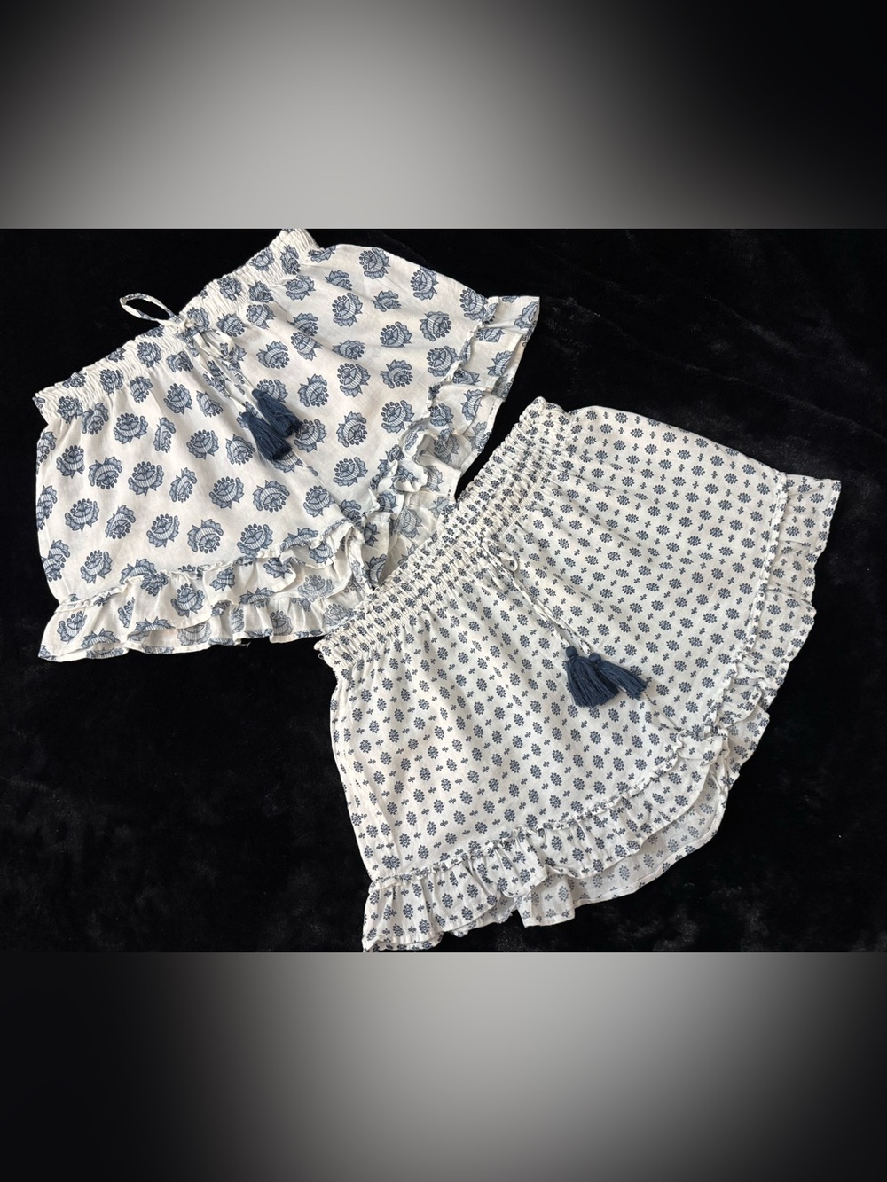 Rachel Zoe Blue White Cotton Sleep Shorts sz L lot  of 2 cottagecore Drawstring